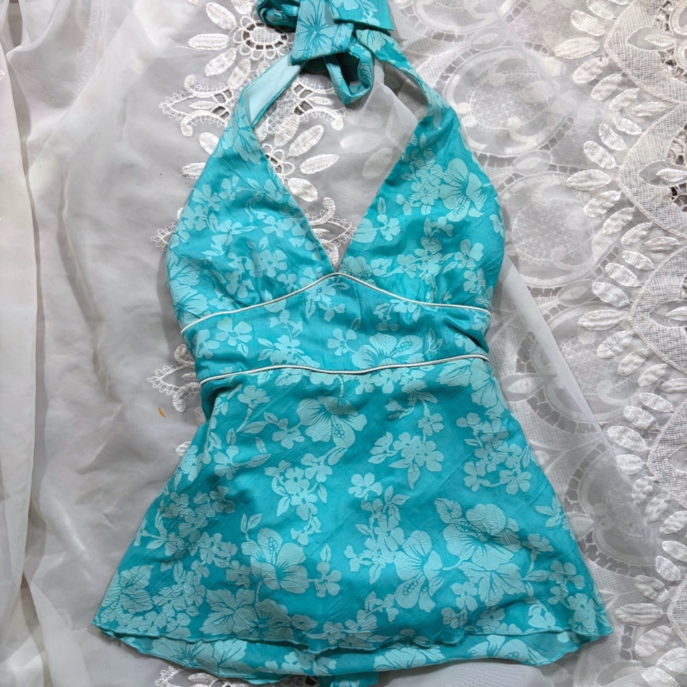 Y2K Babydoll Twenty One Turquoise Blue Hibiscus Floral Halter Top